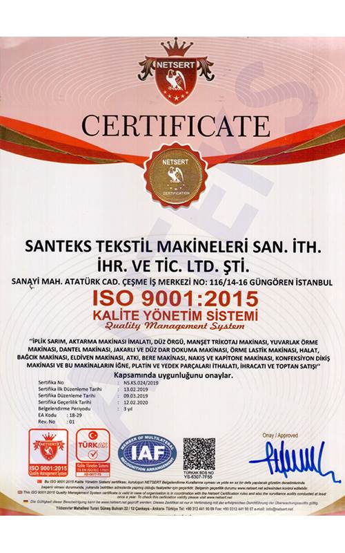 ISO 9001:2015 Kalite Yönetim Sistemi Sertifikası