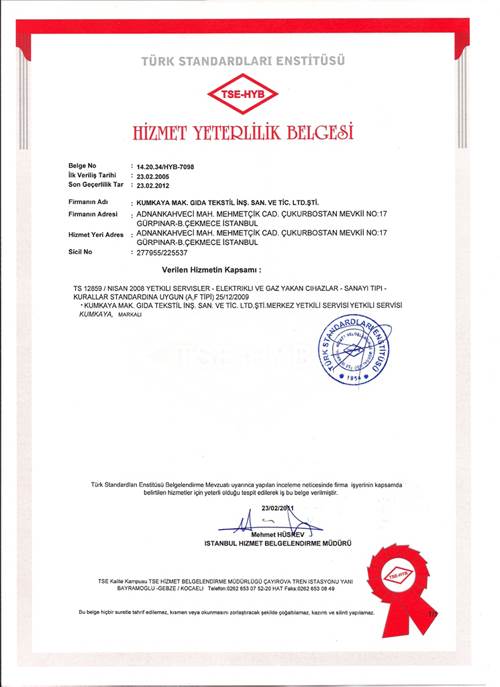 Kumkaya Makina Hizmet Yeterlilik Belgesi Sertifikası