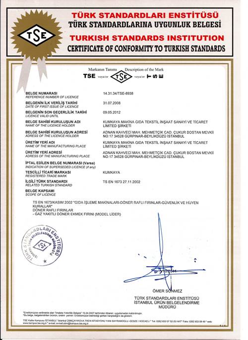 Kumkaya Makina TSE Belgesi Sertifikası
