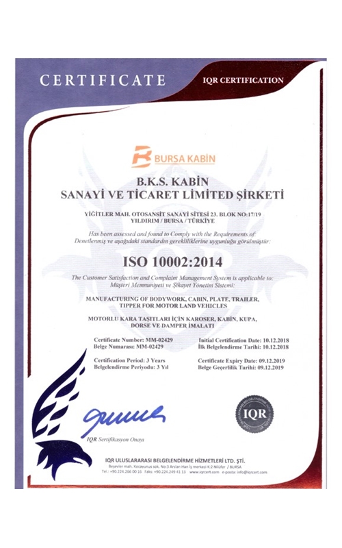 ISO 10002:2014 Sertifikası
