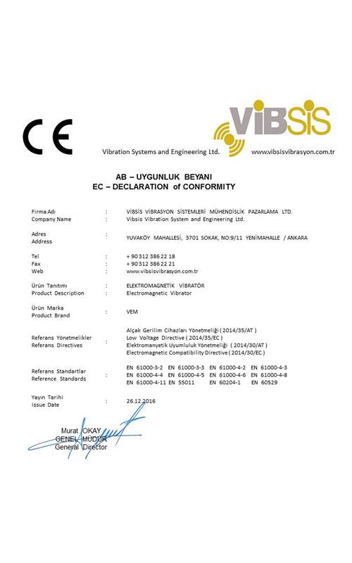 CE Belgesi - Vibsis Vibrasyon Sertifikası