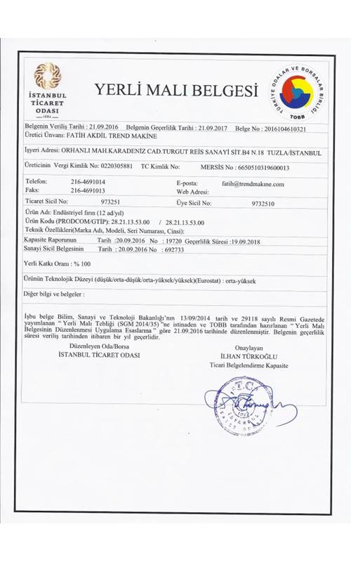 Trend Makine Yerli Malı Belgesi Sertifikası