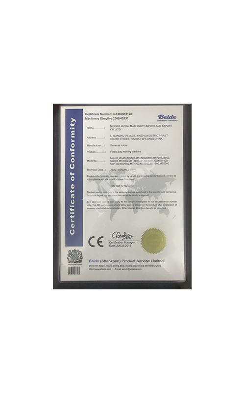  Certificate Number: B-S180618128 Machinery Directive 2006/42/EC Product: Plastic Bag Making Machine Sertifikası