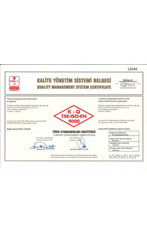 Kumkaya Kalite Yönetim Sistemi Belgesi Sertifikası