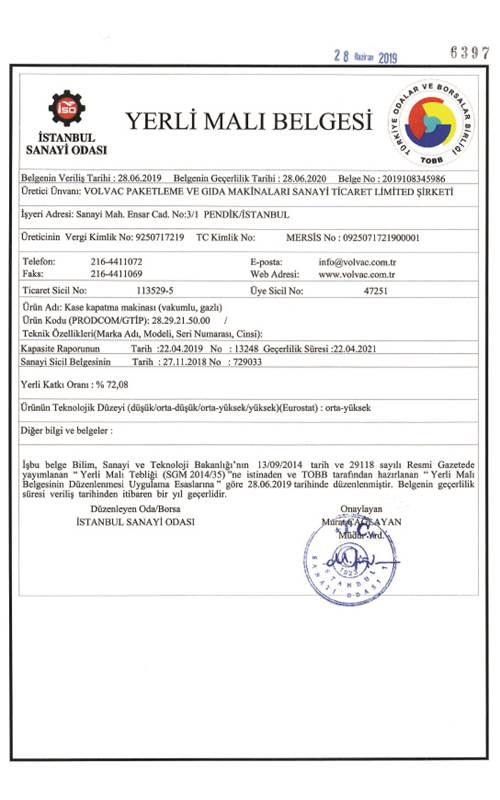 Yerli Malı Belgesi Sertifikası