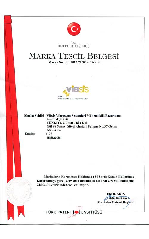 Marka Tescil Belgesi - Vibsis Vibrasyon Sertifikası