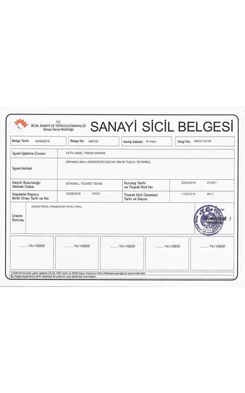 Trend Makine Sanayi Sicil Belgesi Sertifikası