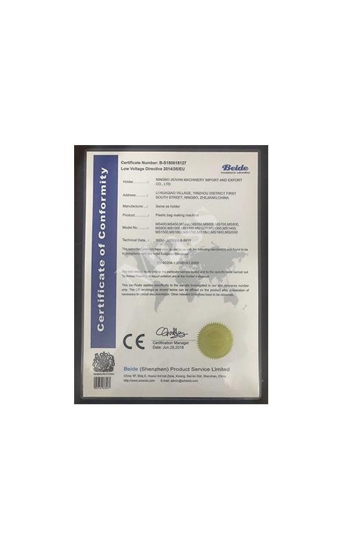 Certificate Number: B-S180618127 Low Voltage Directive 2014/35/EU Product: Plastic bag making machine Sertifikası