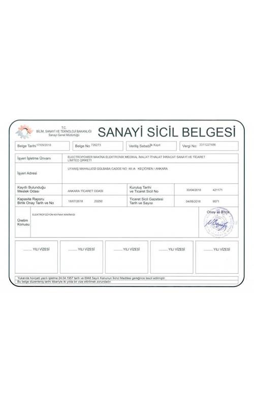 Electropower - Sanayi Sicil Belgesi