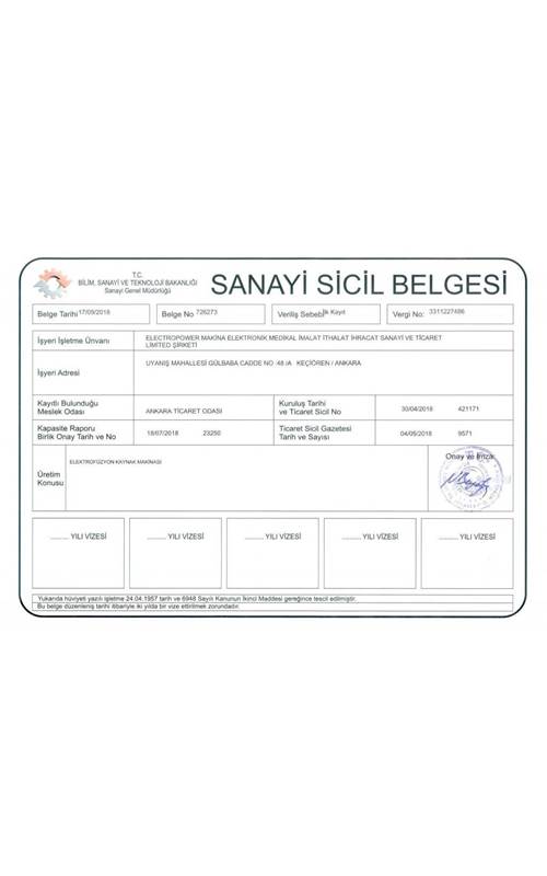 Electropower - Sanayi Sicil Belgesi