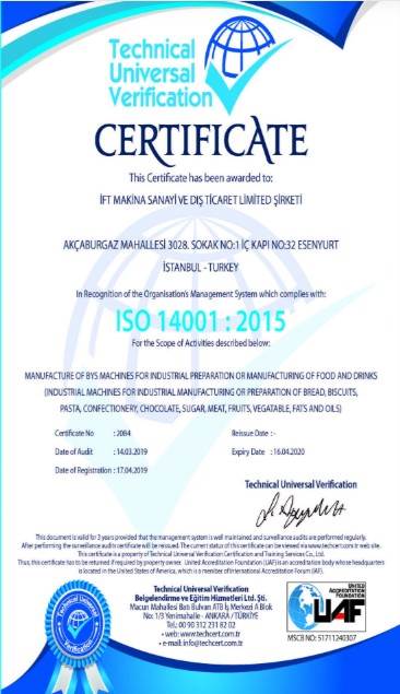 ISO 14001-2015 Belgesi - İFT Makina