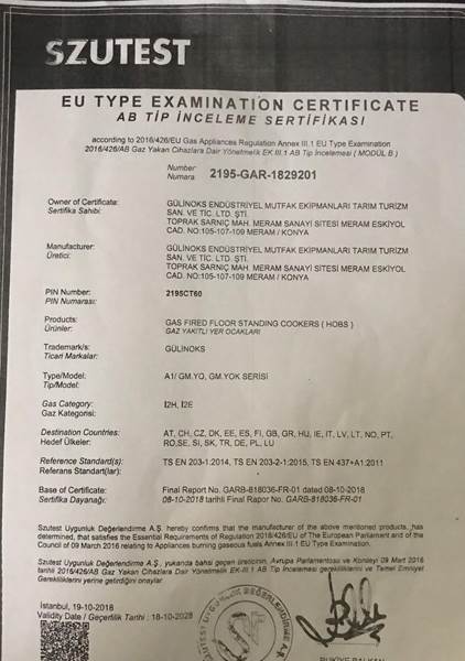AB Tip İnceleme Sertifikası - Gülinoks Endüstriyel Mutfak