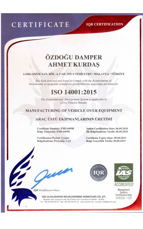Özdogru Damper ve Dorse - ISO 14001 Sertifikası