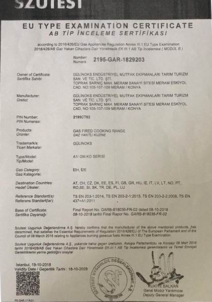 AB Tip İnceleme Sertifikası - Gülinoks Endüstriyel Mutfak