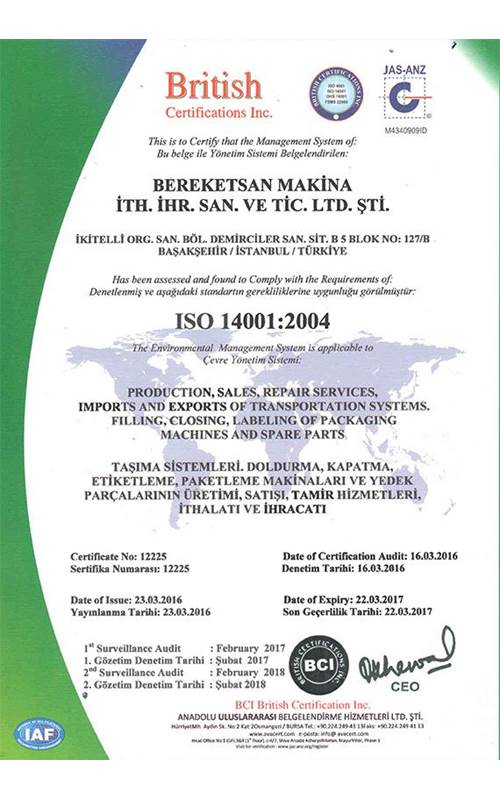 ISO 14001 Belgesi - Bereketsan Makina