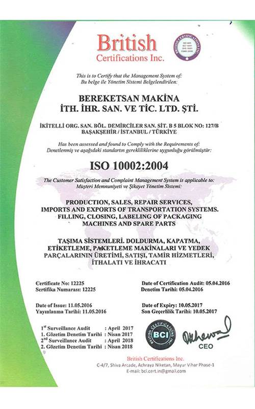ISO 10002 Belgesi - Bereketsan Makina