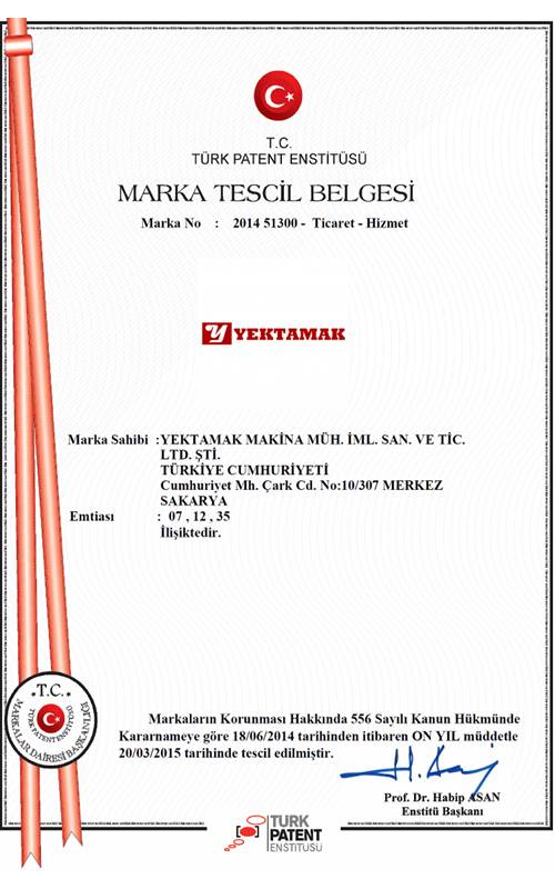 Yektamak Makina - Marka Tescil Belgesi