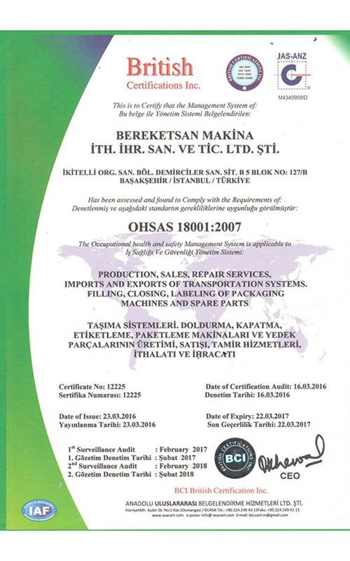 OHSAS 18001 Belgesi - Bereketsan Makina