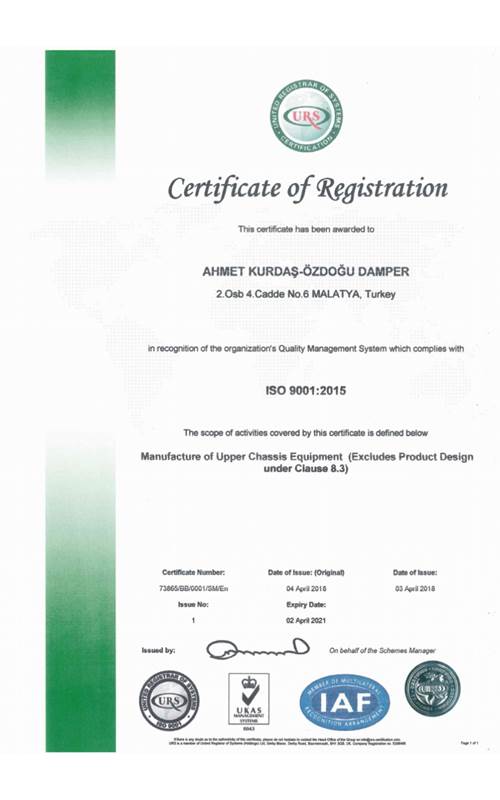 Özdogru Damper ve Dorse ISO-9001 Sertifikası